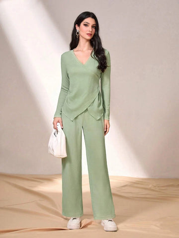 Solid Wrap Knot Side Top & Wide Leg Pants