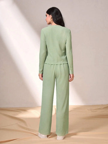 Solid Wrap Knot Side Top & Wide Leg Pants