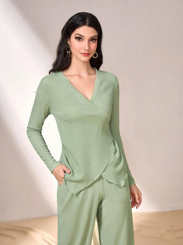 Solid Wrap Knot Side Top & Wide Leg Pants