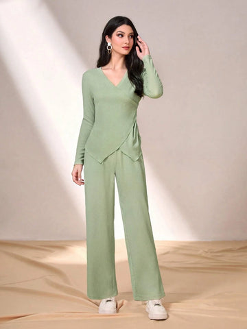 Solid Wrap Knot Side Top & Wide Leg Pants