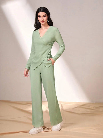 Solid Wrap Knot Side Top & Wide Leg Pants