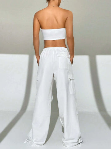 Solid Tube Top & Flap Pocket Drawstring Waist Cargo Pants