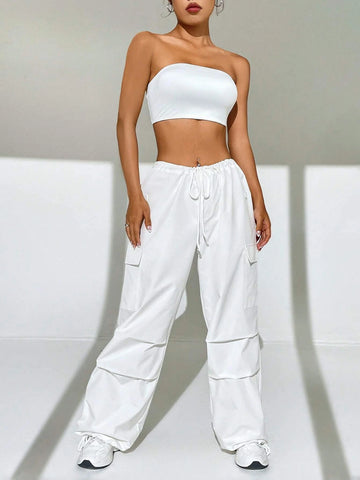 Solid Tube Top & Flap Pocket Drawstring Waist Cargo Pants