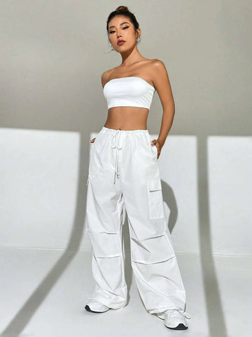 Solid Tube Top & Flap Pocket Drawstring Waist Cargo Pants