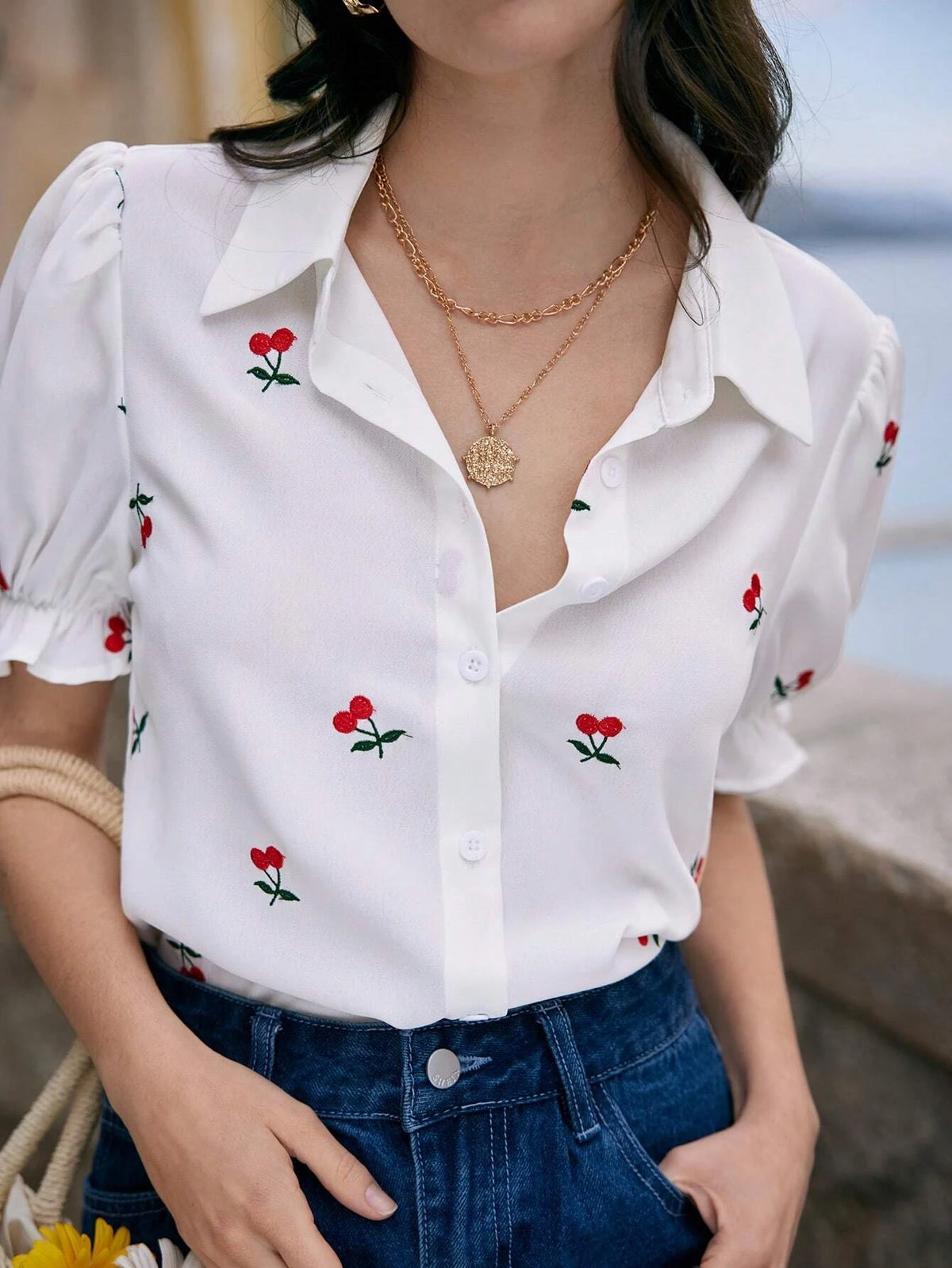 Frenchy Cherry Embroidery Puff Sleeve Shirt