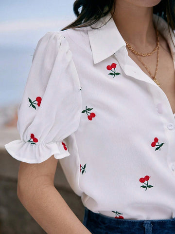 Frenchy Cherry Embroidery Puff Sleeve Shirt