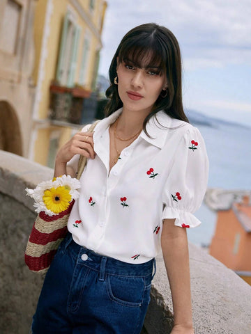Frenchy Cherry Embroidery Puff Sleeve Shirt