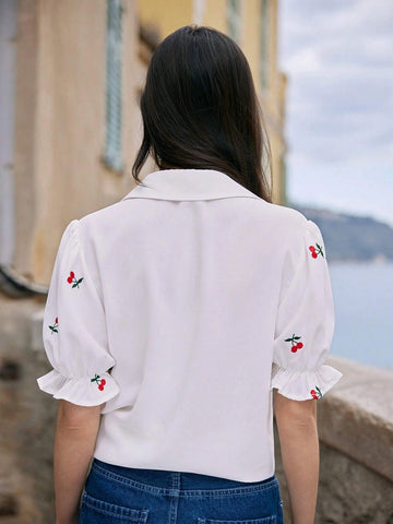 Frenchy Cherry Embroidery Puff Sleeve Shirt