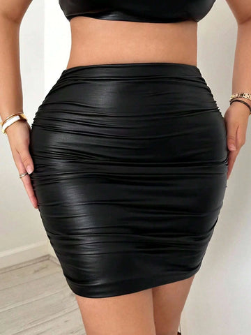 SXY Solid Ruched PU Leather Bodycon Skirt