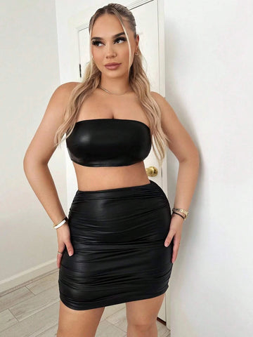 SXY Solid Ruched PU Leather Bodycon Skirt