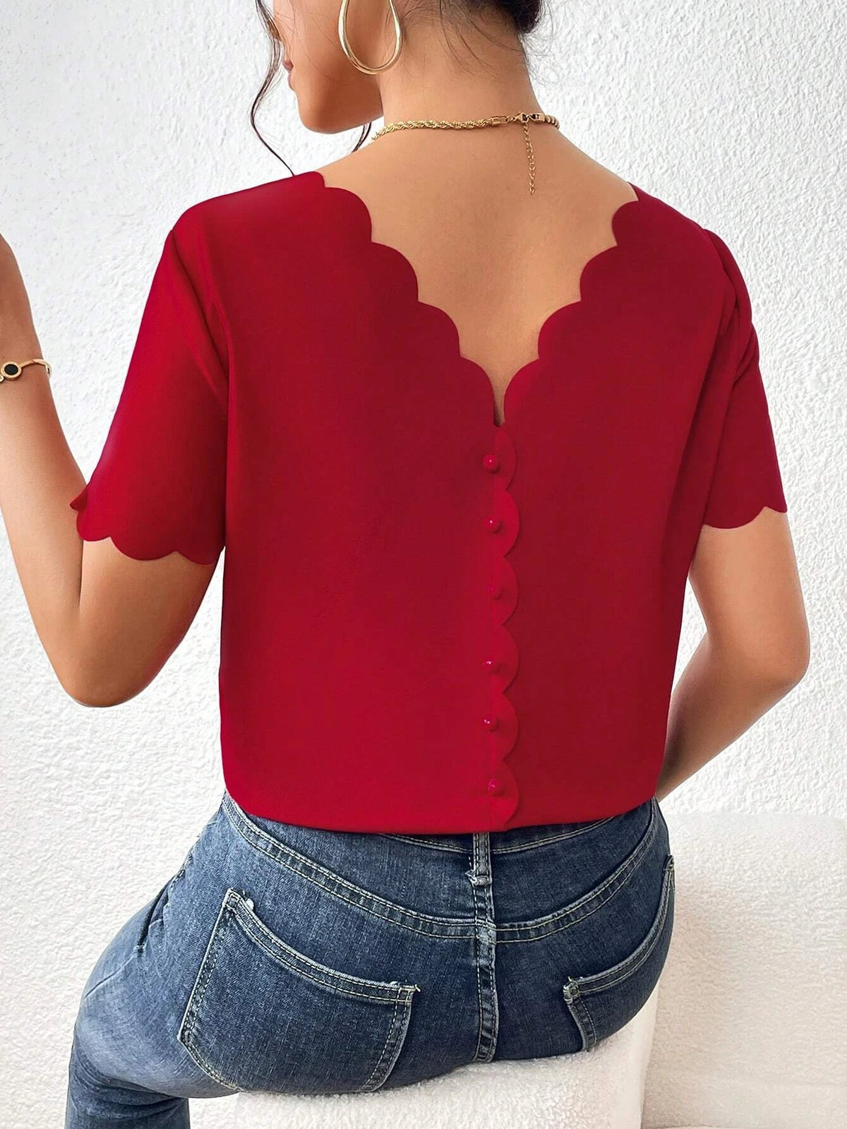 Button Back Scallop Trim Blouse