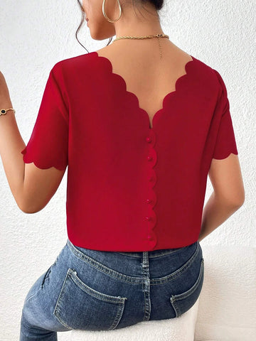 Button Back Scallop Trim Blouse