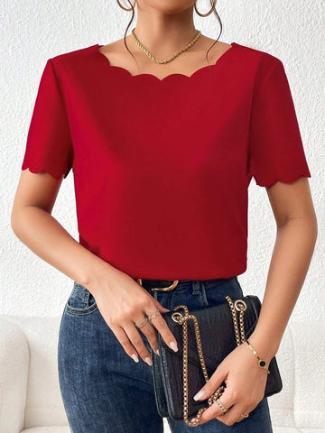 Button Back Scallop Trim Blouse
