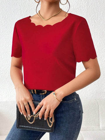 Button Back Scallop Trim Blouse