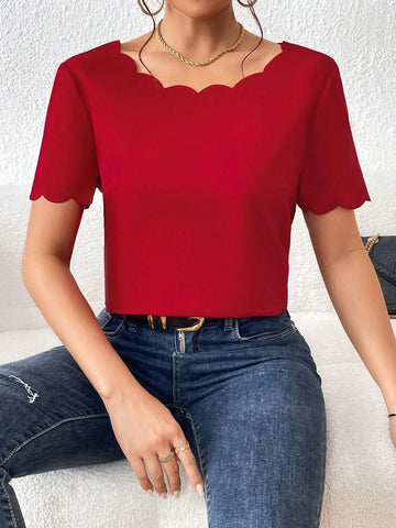 Button Back Scallop Trim Blouse