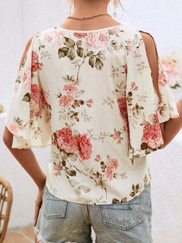 EMERY ROSE Floral Print Cold Shoulder Blouse