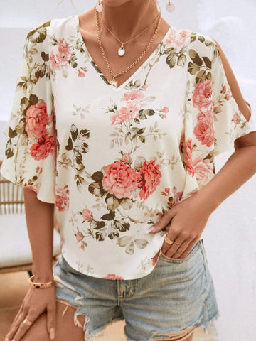 EMERY ROSE Floral Print Cold Shoulder Blouse