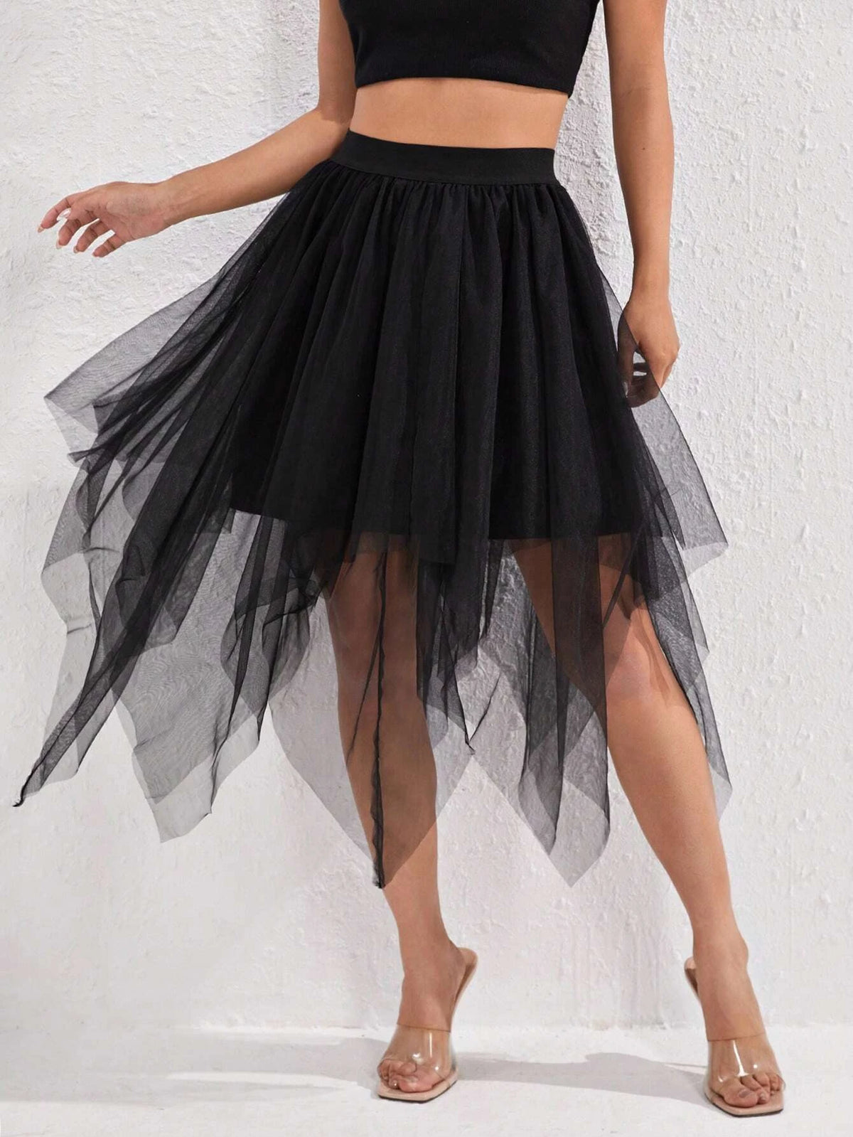 PETITE Asymmetrical Hem Mesh Overlay Skirt