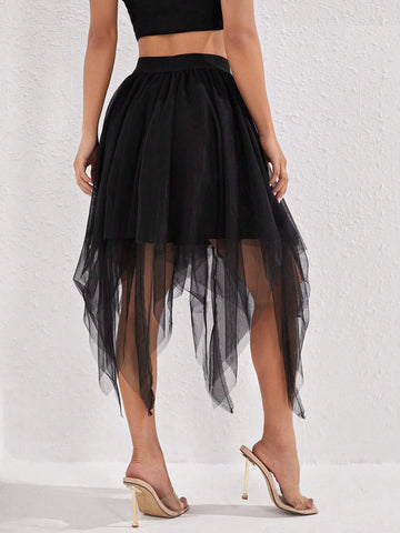 PETITE Asymmetrical Hem Mesh Overlay Skirt