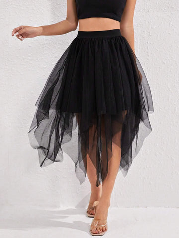 PETITE Asymmetrical Hem Mesh Overlay Skirt