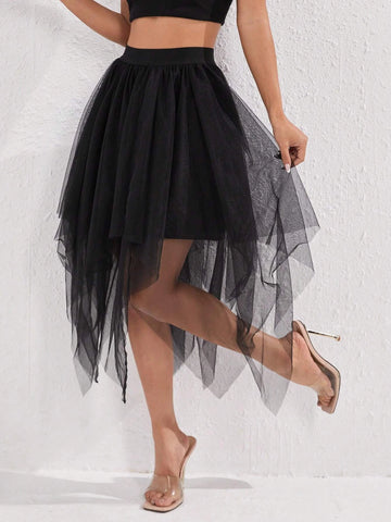 PETITE Asymmetrical Hem Mesh Overlay Skirt
