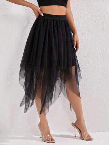 PETITE Asymmetrical Hem Mesh Overlay Skirt