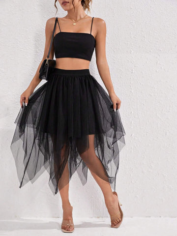 PETITE Asymmetrical Hem Mesh Overlay Skirt