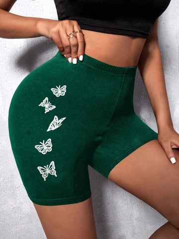 SXY Butterfly Print Elastic Waist Biker Shorts