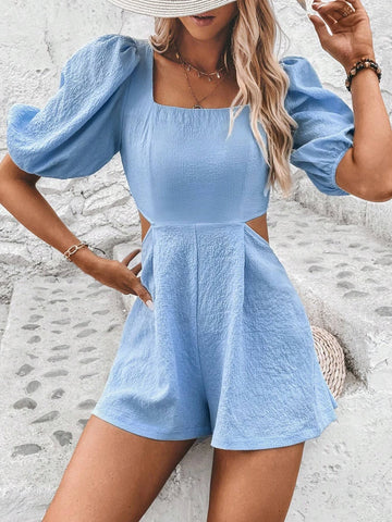 Square Neck Cut Out Waist Puff Sleeve Romper