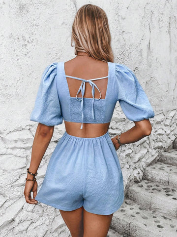 Square Neck Cut Out Waist Puff Sleeve Romper
