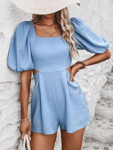 Square Neck Cut Out Waist Puff Sleeve Romper