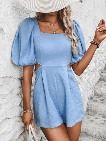 Square Neck Cut Out Waist Puff Sleeve Romper