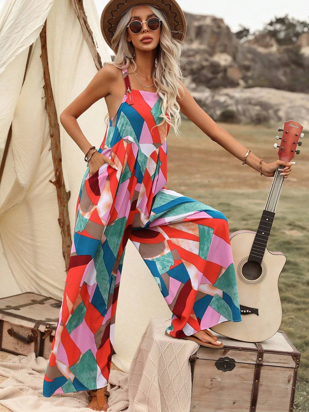 Geo Print Wide Leg Cami Jumpsuit