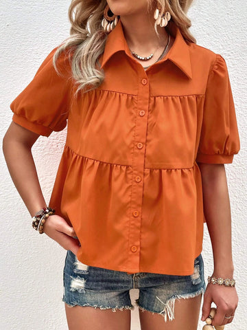 Unity Puff Sleeve Ruffle Hem Smock Shirt