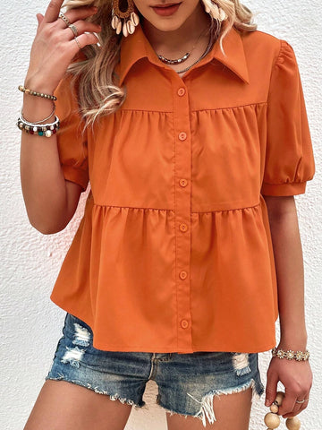 Unity Puff Sleeve Ruffle Hem Smock Shirt