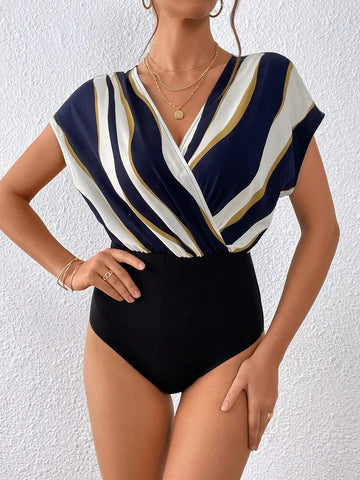 Colorblock Surplice Neck Batwing Sleeve Bodysuit