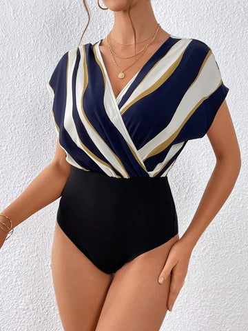 Colorblock Surplice Neck Batwing Sleeve Bodysuit
