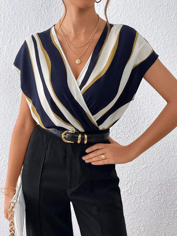 Colorblock Surplice Neck Batwing Sleeve Bodysuit