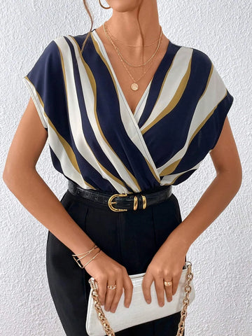 Colorblock Surplice Neck Batwing Sleeve Bodysuit