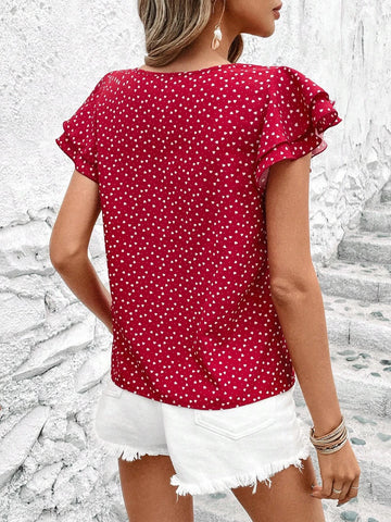 Unity Heart Print Keyhole Neckline Butterfly Sleeve Blouse