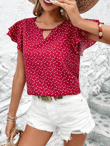 Unity Heart Print Keyhole Neckline Butterfly Sleeve Blouse