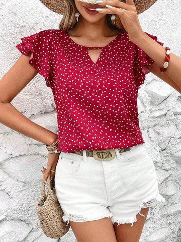 Unity Heart Print Keyhole Neckline Butterfly Sleeve Blouse