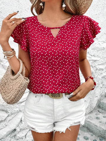 Unity Heart Print Keyhole Neckline Butterfly Sleeve Blouse