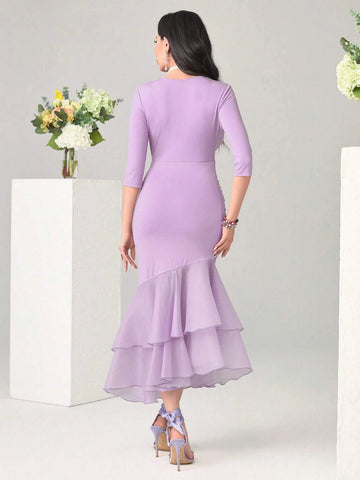 Surplice Neck Ruched Ruffle Hem Dress
