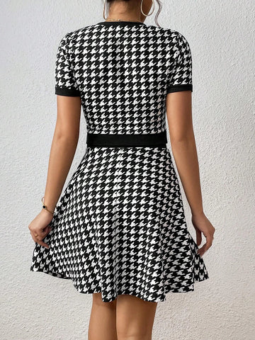Houndstooth Print Button Front Tee & Skirt