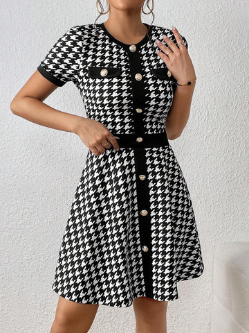 Houndstooth Print Button Front Tee & Skirt