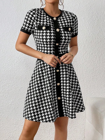 Houndstooth Print Button Front Tee & Skirt