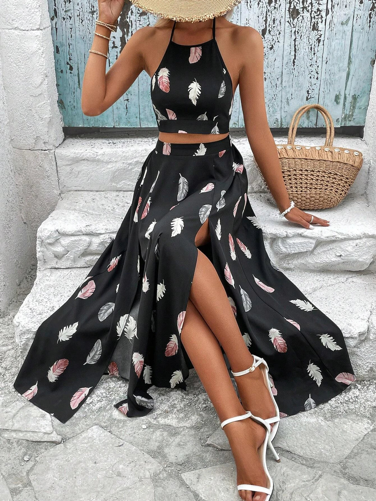 Feather Print Tie Backless Halter Top & Split Thigh Skirt