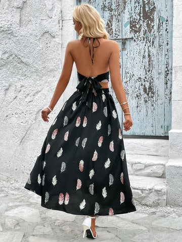 Feather Print Tie Backless Halter Top & Split Thigh Skirt