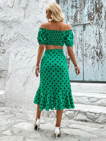 Polka Dot Off Shoulder Drawstring Front Crop Top & Ruffle Hem Skirt
